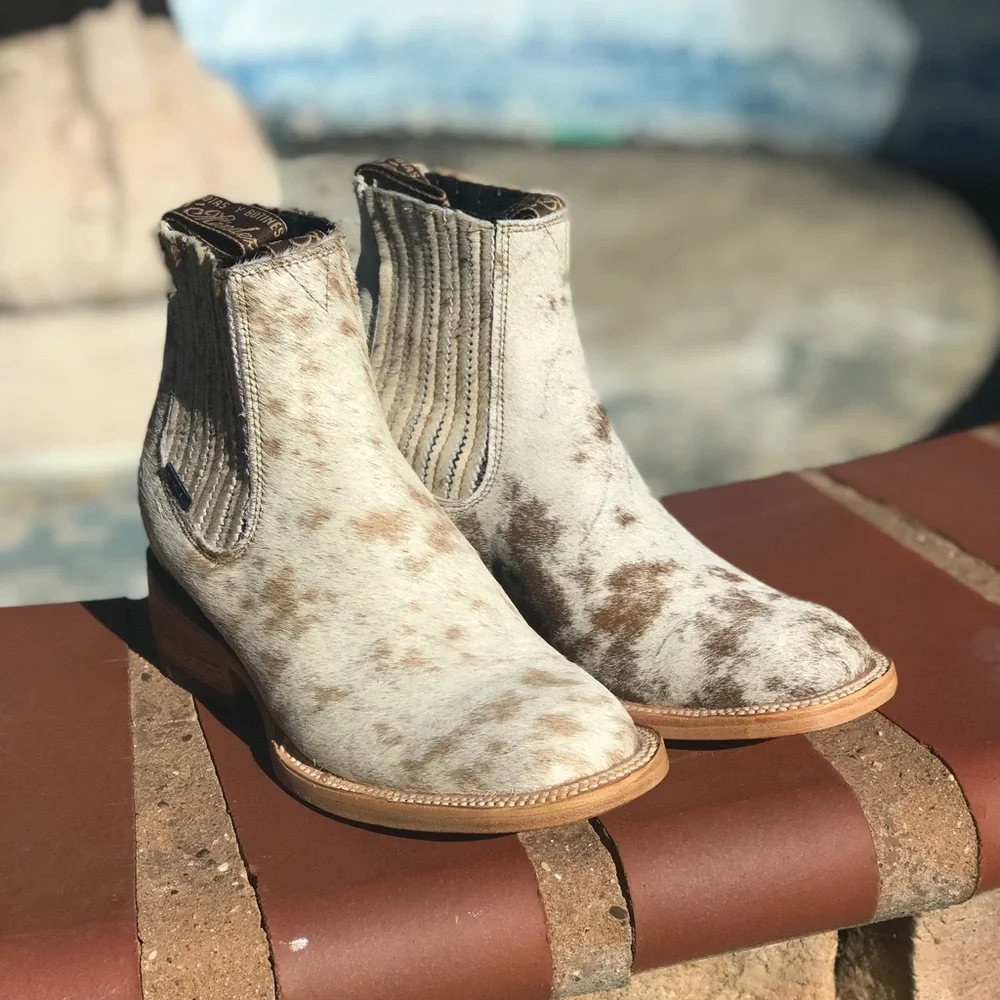 Ariat Spotted Cowhide Chelsea Booties in White and Brown - Picture 1 of 3